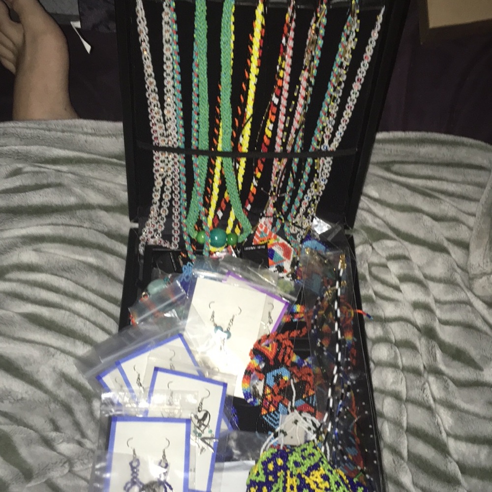 Hand beaded necklaces earrings lot with case NEW